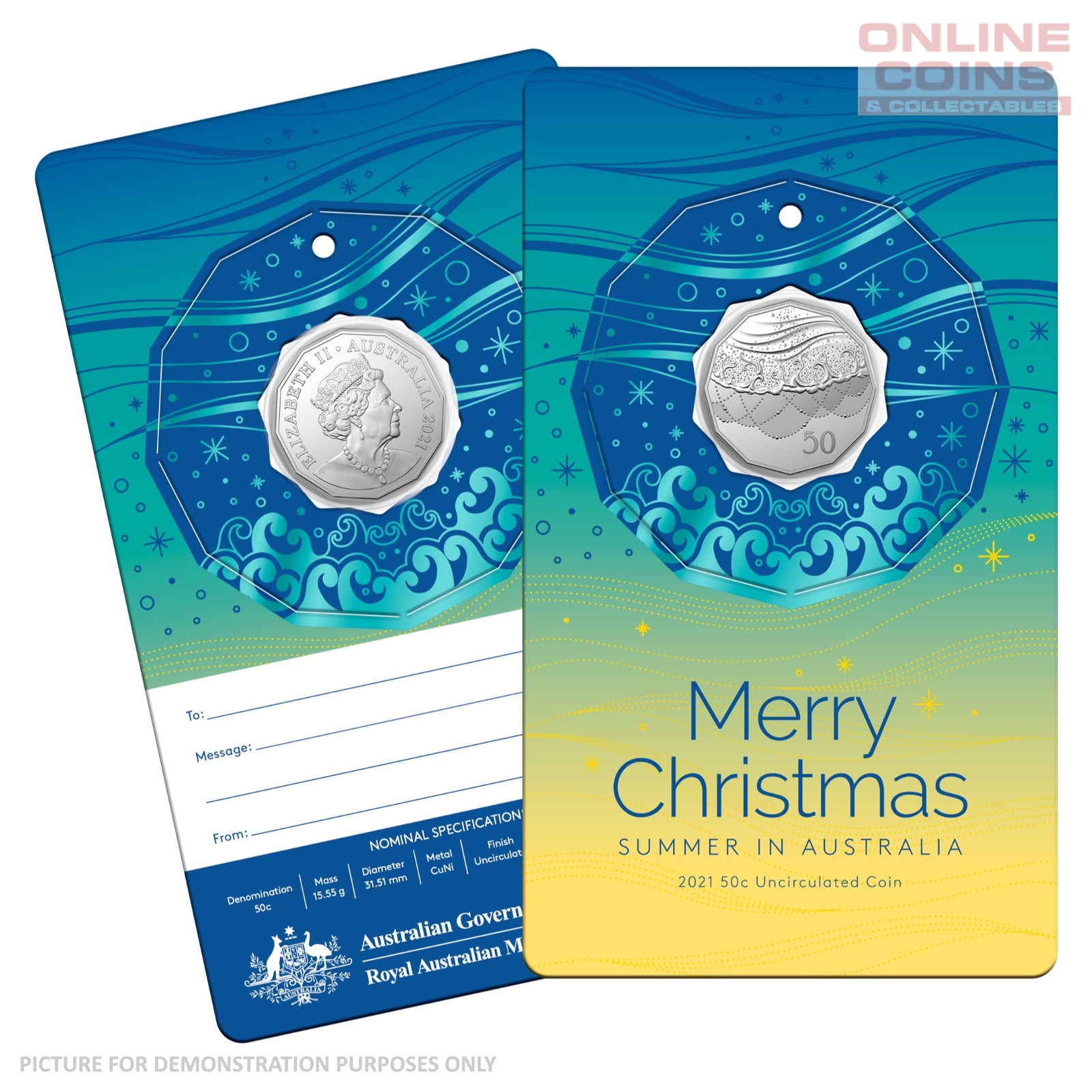 2021 50c CuNi Uncirculated Carded Coin - Christmas Decoration Teal